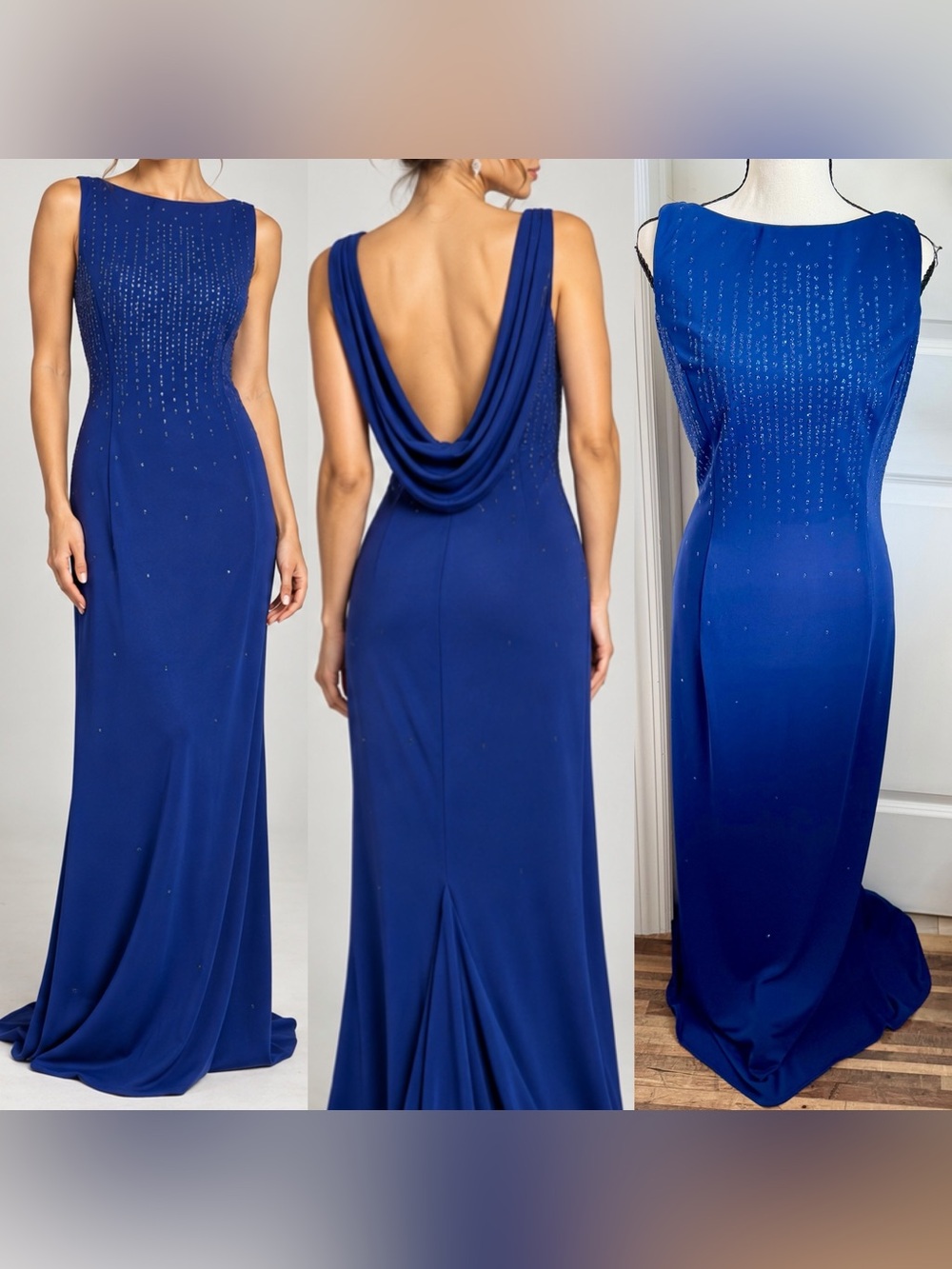 Bari Jay 90s Vintage Glitter Cowl Back Formal Maxi Gown Royal Blue Sz 13/14